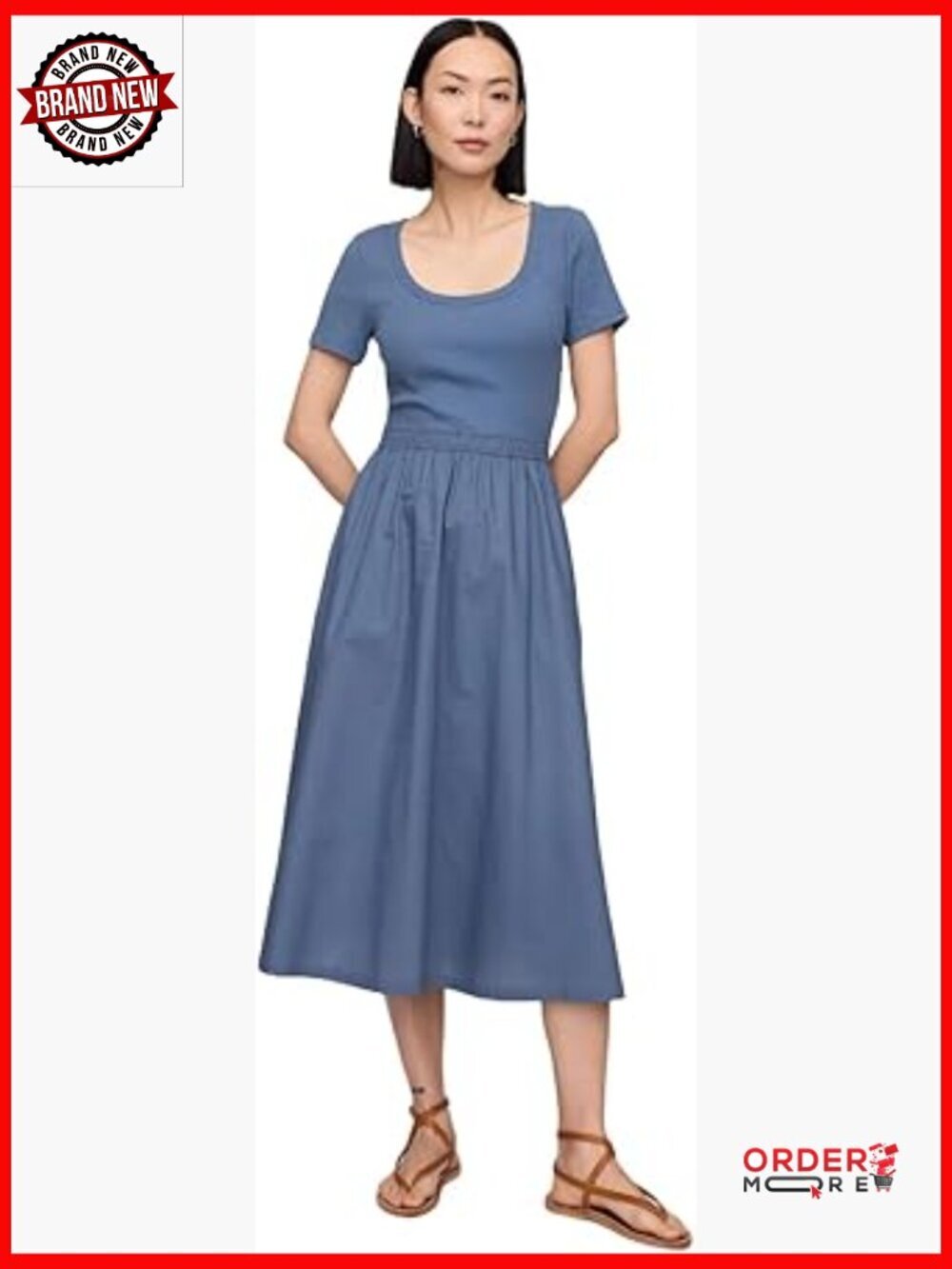 Petite Scoop Neck Midi Dress Short Sleeve A-Line Cotton